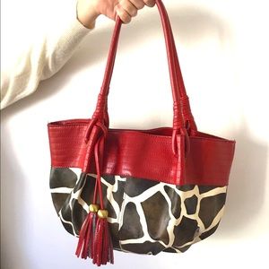 Brown and White Faux Giraffe Printed Leather Purse with Red Trim and Tassle